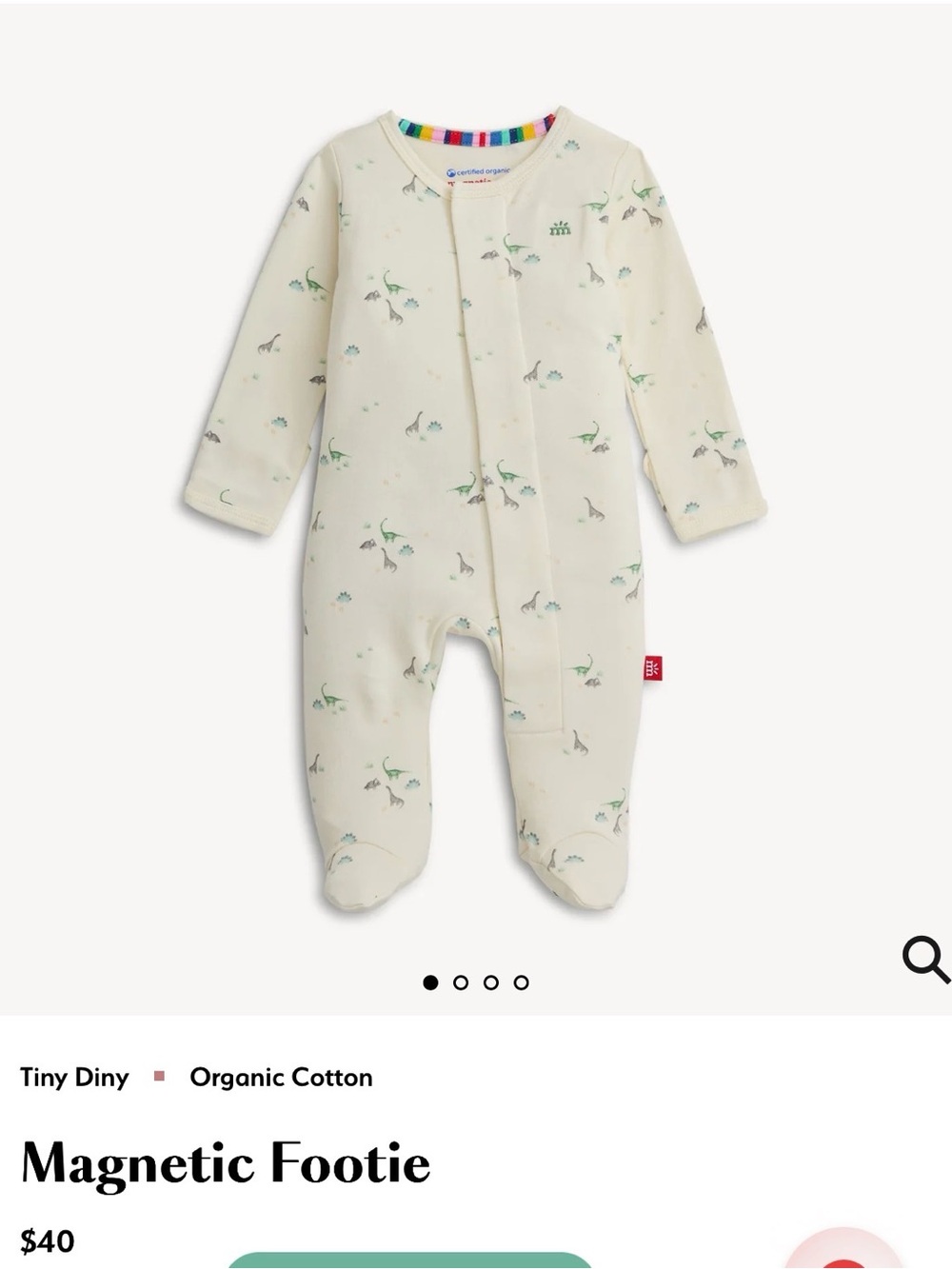 Magnetic Me Organic Cotton Footie - Cream with Green Dino Print